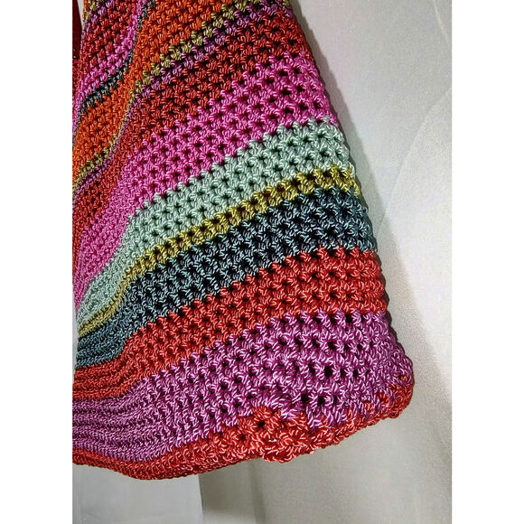 Liz Claiborne - Red & Pink Multi-Color Stripe Crochet Shoulder Bag, Boho Purse - Picture 3 of 11